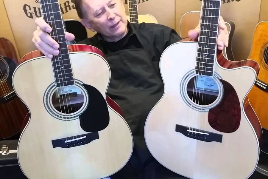 acoustic guitar and an acoustic-electric guitar 