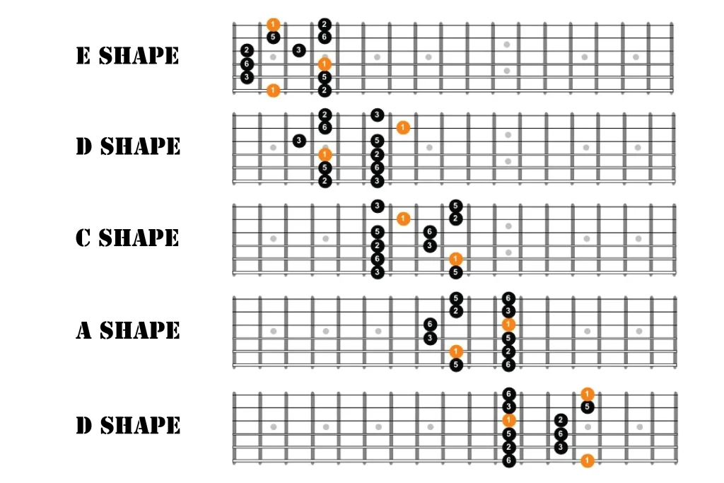 The five essential shapes on the major pentatonic scale